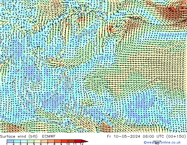wiatr 10 m (bft) ECMWF pt. 10.05.2024 06 UTC