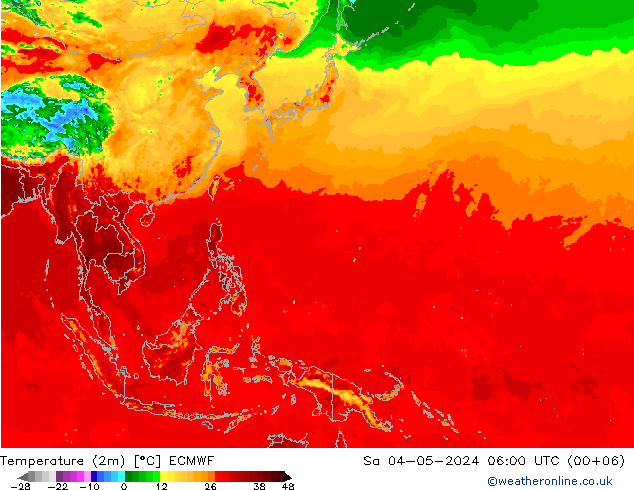 mapa temperatury (2m) ECMWF so. 04.05.2024 06 UTC