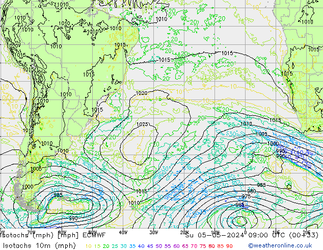 Isotachs (mph) ECMWF Ne 05.05.2024 09 UTC