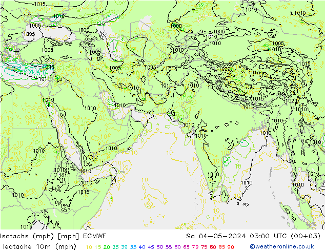 Isotachs (mph) ECMWF 星期六 04.05.2024 03 UTC