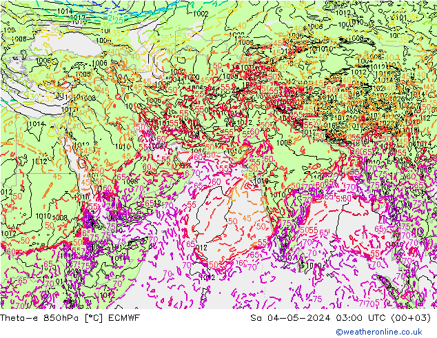 Theta-e 850hPa ECMWF 星期六 04.05.2024 03 UTC