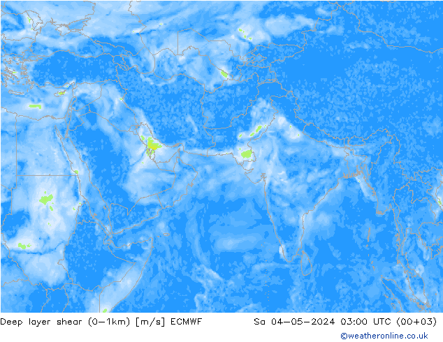 Deep layer shear (0-1km) ECMWF 星期六 04.05.2024 03 UTC