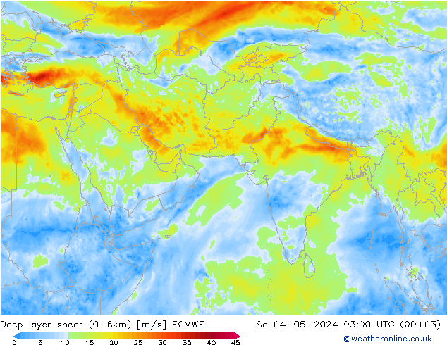 Deep layer shear (0-6km) ECMWF 星期六 04.05.2024 03 UTC