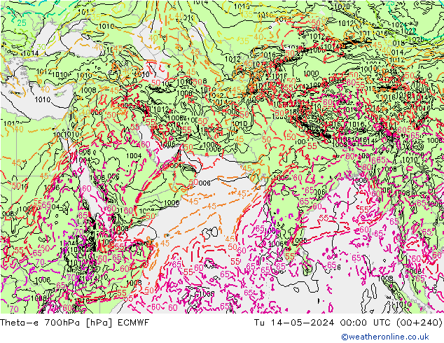 Theta-e 700hPa ECMWF mar 14.05.2024 00 UTC