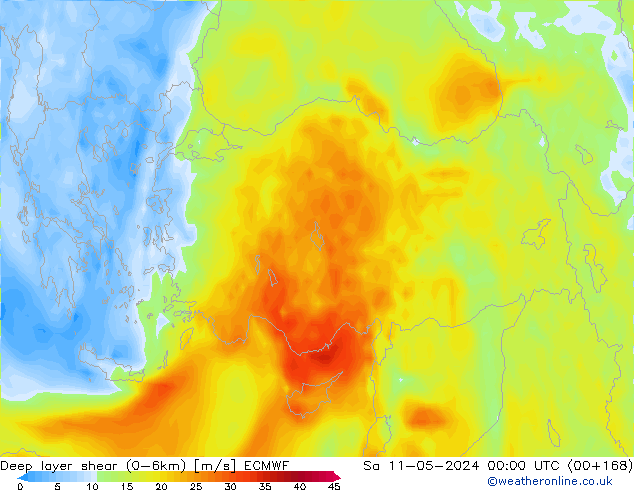 Deep layer shear (0-6km) ECMWF Sa 11.05.2024 00 UTC