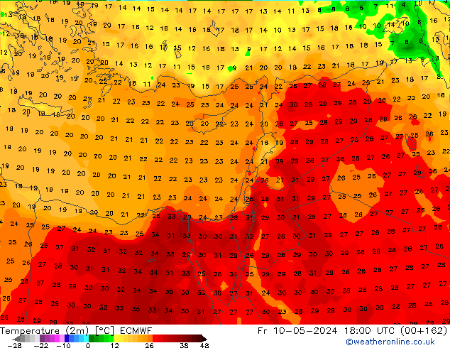 Temperatuurkaart (2m) ECMWF vr 10.05.2024 18 UTC