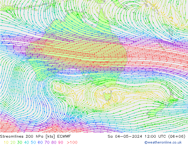 Linia prądu 200 hPa ECMWF so. 04.05.2024 12 UTC