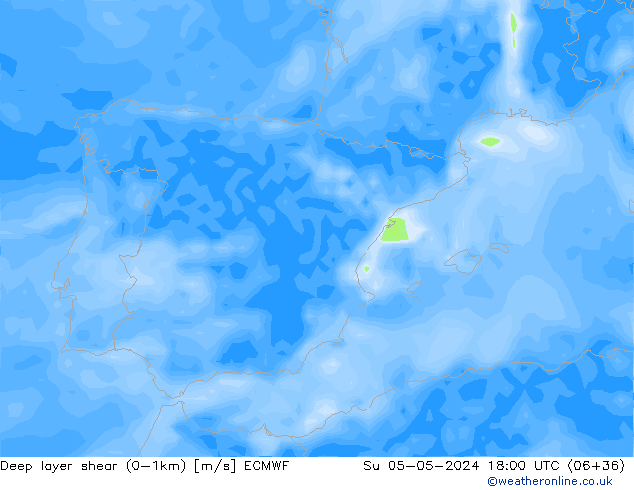Deep layer shear (0-1km) ECMWF Su 05.05.2024 18 UTC