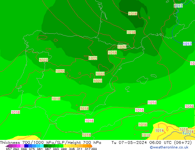 Thck 700-1000 гПа ECMWF вт 07.05.2024 06 UTC