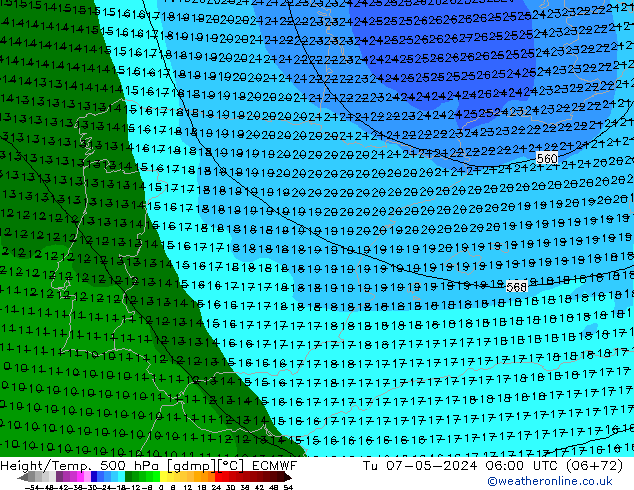 Z500/Rain (+SLP)/Z850 ECMWF Út 07.05.2024 06 UTC