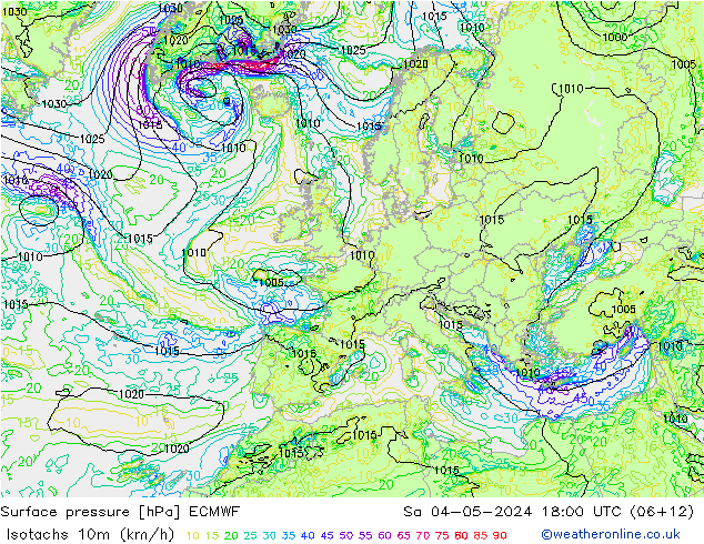 Isotachen (km/h) ECMWF za 04.05.2024 18 UTC