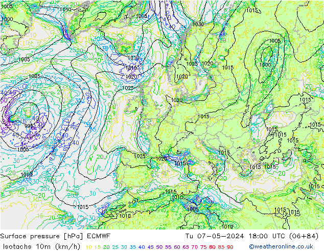 Eşrüzgar Hızları (km/sa) ECMWF Sa 07.05.2024 18 UTC