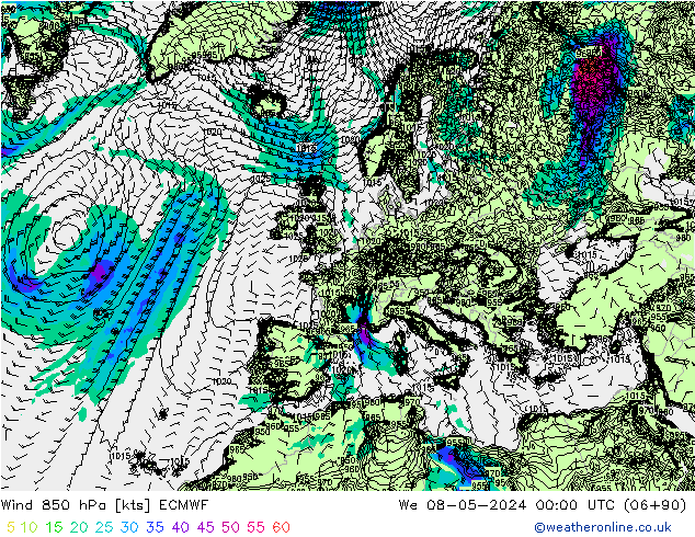 Wind 850 hPa ECMWF Mi 08.05.2024 00 UTC