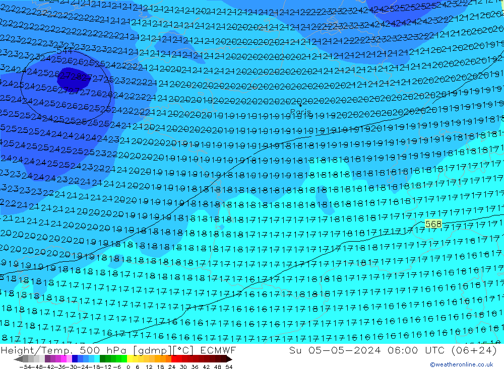 Z500/Rain (+SLP)/Z850 ECMWF Su 05.05.2024 06 UTC