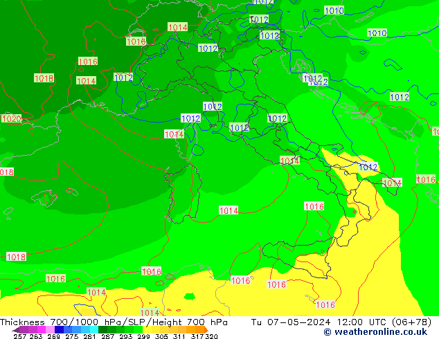 Thck 700-1000 hPa ECMWF wto. 07.05.2024 12 UTC