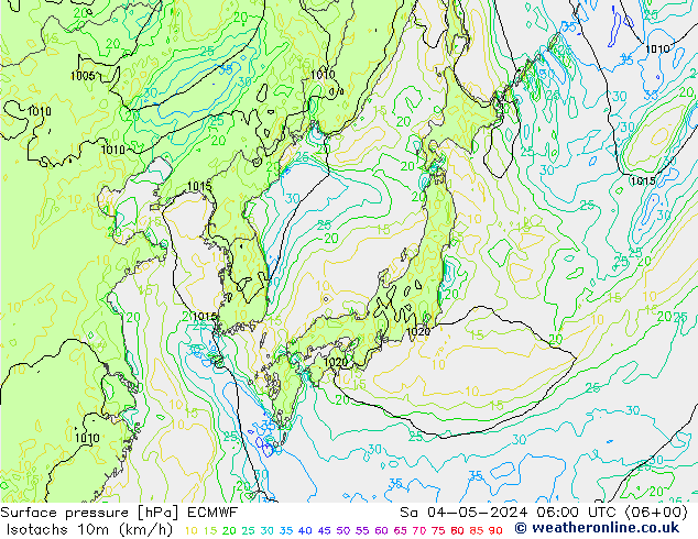 Isotachs (kph) ECMWF Sa 04.05.2024 06 UTC