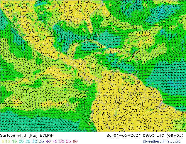 wiatr 10 m ECMWF so. 04.05.2024 09 UTC