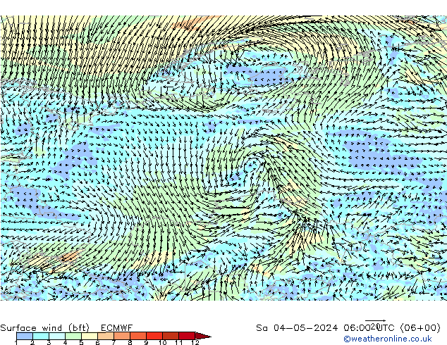 Viento 10 m (bft) ECMWF sáb 04.05.2024 06 UTC