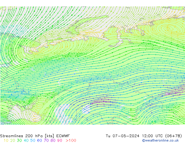 Streamlines 200 hPa ECMWF Tu 07.05.2024 12 UTC