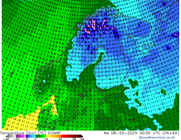 Temperature (2m) ECMWF St 08.05.2024 00 UTC