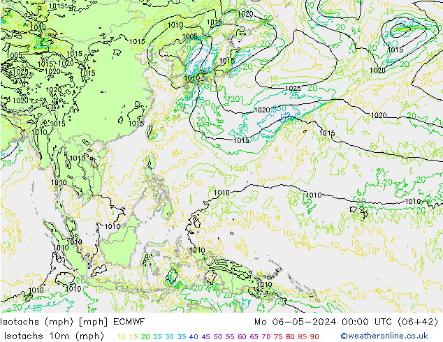 Isotachs (mph) ECMWF пн 06.05.2024 00 UTC