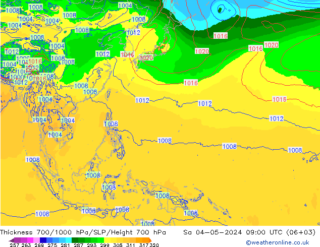 Thck 700-1000 гПа ECMWF сб 04.05.2024 09 UTC