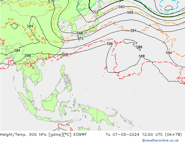 Z500/Rain (+SLP)/Z850 ECMWF wto. 07.05.2024 12 UTC