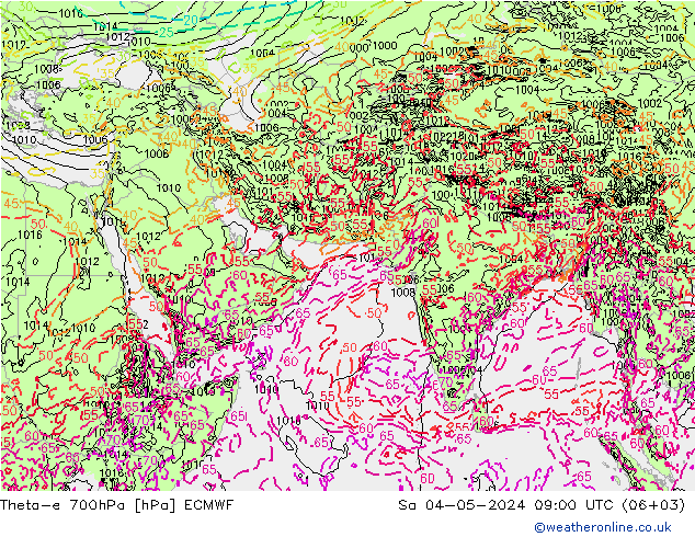 Theta-e 700hPa ECMWF 星期六 04.05.2024 09 UTC