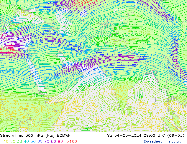 风 300 hPa ECMWF 星期六 04.05.2024 09 UTC