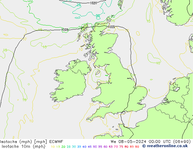 Isotachs (mph) ECMWF mer 08.05.2024 00 UTC