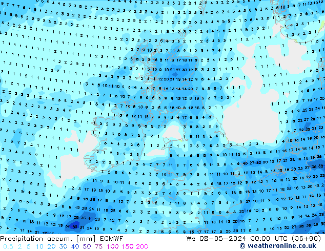 Precipitation accum. ECMWF śro. 08.05.2024 00 UTC