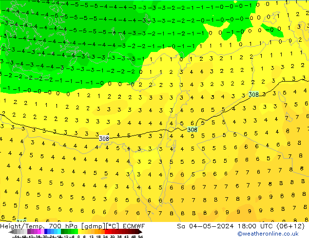 Height/Temp. 700 hPa ECMWF so. 04.05.2024 18 UTC