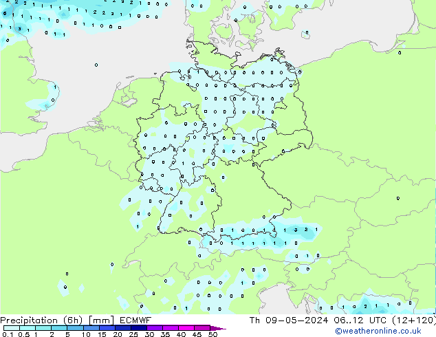 Z500/Rain (+SLP)/Z850 ECMWF Čt 09.05.2024 12 UTC