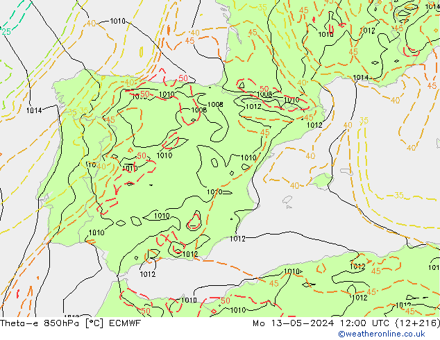 Theta-e 850hPa ECMWF pon. 13.05.2024 12 UTC