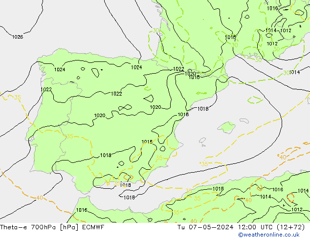 Theta-e 700hPa ECMWF  07.05.2024 12 UTC