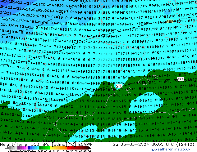 Z500/Yağmur (+YB)/Z850 ECMWF Paz 05.05.2024 00 UTC