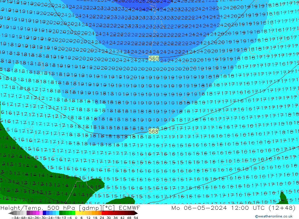 Height/Temp. 500 hPa ECMWF Mo 06.05.2024 12 UTC