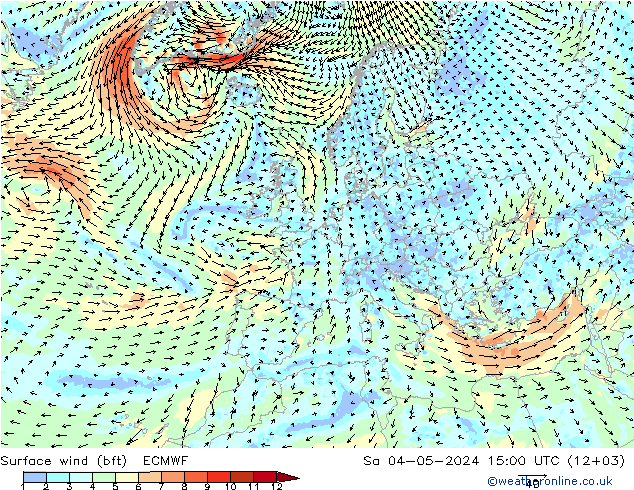 Rüzgar 10 m (bft) ECMWF Cts 04.05.2024 15 UTC