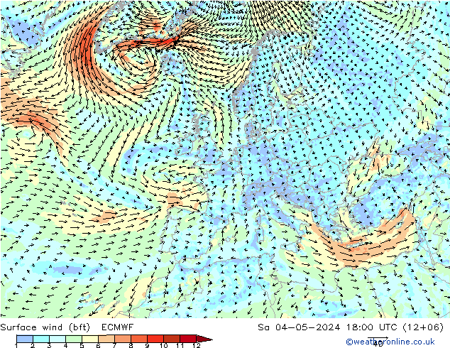 Vento 10 m (bft) ECMWF sab 04.05.2024 18 UTC