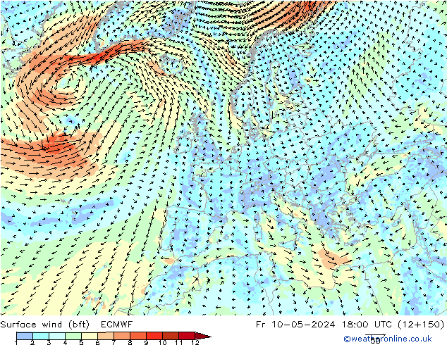 Surface wind (bft) ECMWF Pá 10.05.2024 18 UTC