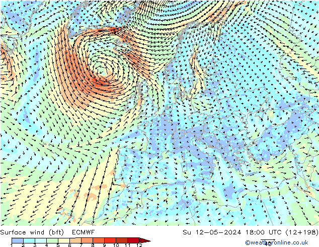 Surface wind (bft) ECMWF Su 12.05.2024 18 UTC