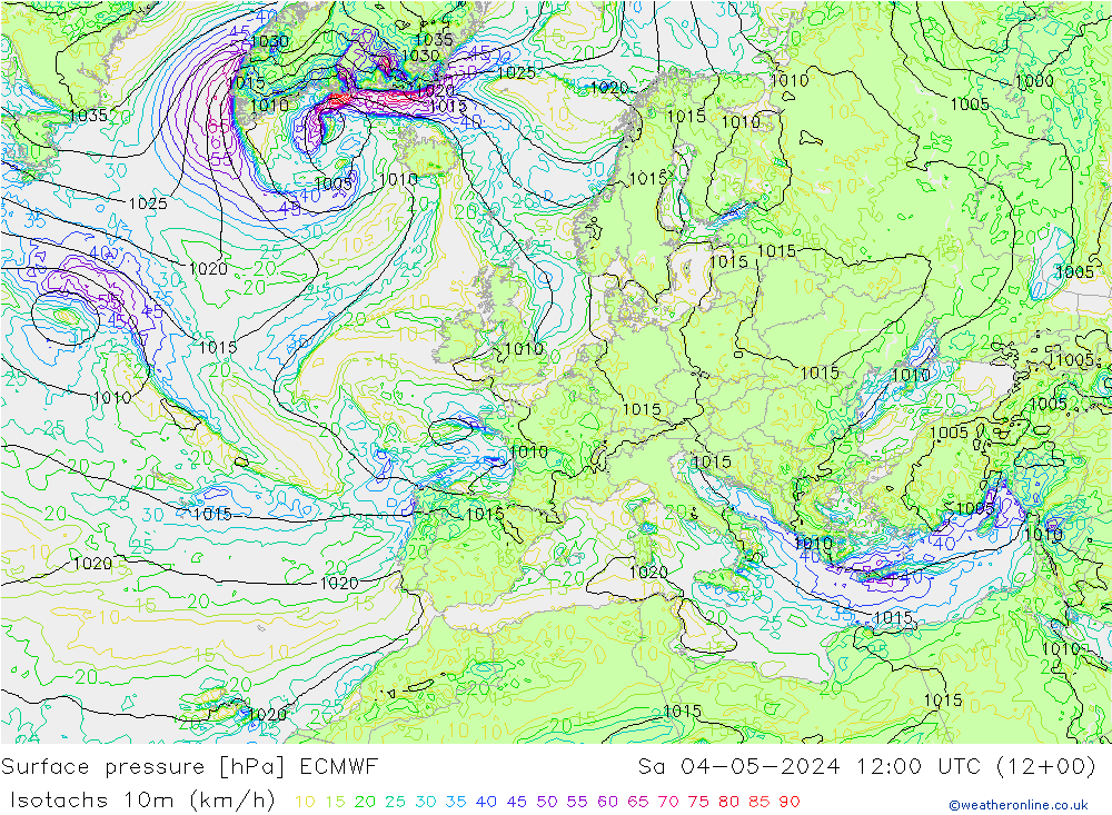 Isotachen (km/h) ECMWF Sa 04.05.2024 12 UTC