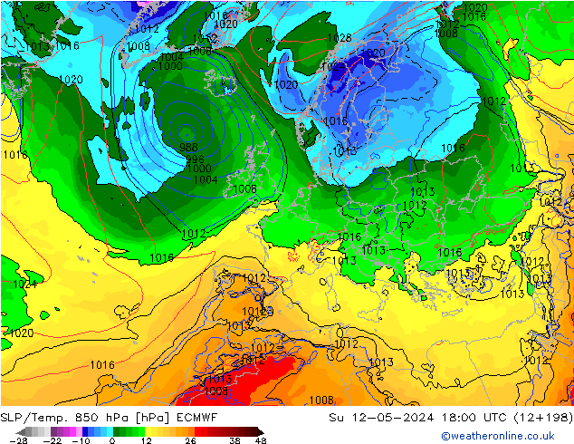 SLP/Temp. 850 hPa ECMWF zo 12.05.2024 18 UTC