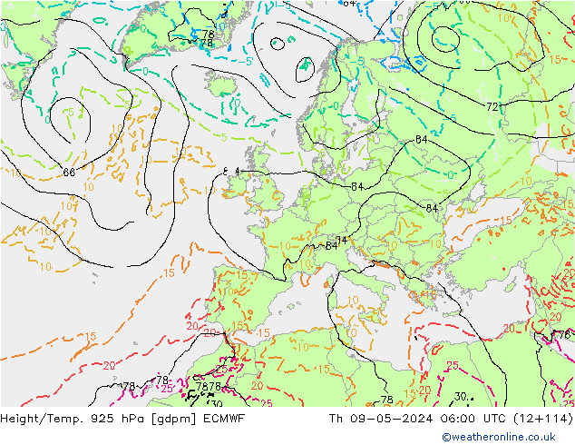 Height/Temp. 925 hPa ECMWF Th 09.05.2024 06 UTC