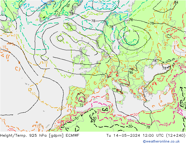 Height/Temp. 925 hPa ECMWF Di 14.05.2024 12 UTC