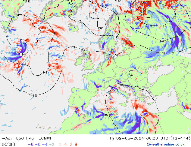 T-Adv. 850 hPa ECMWF Do 09.05.2024 06 UTC