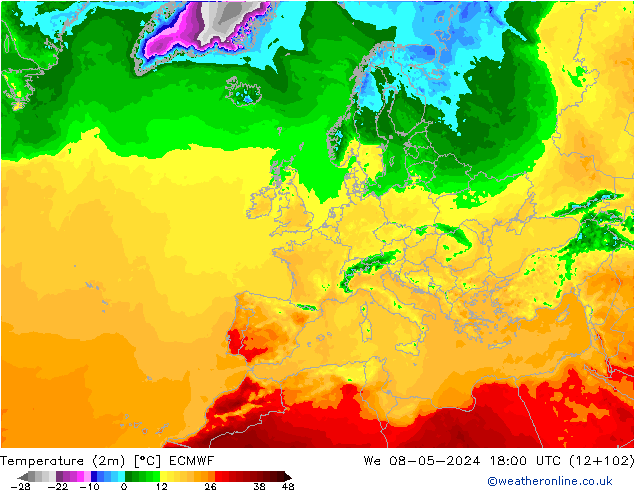 Temperatura (2m) ECMWF mer 08.05.2024 18 UTC