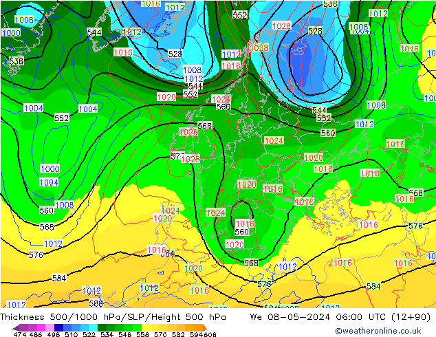 Schichtdicke 500-1000 hPa ECMWF Mi 08.05.2024 06 UTC