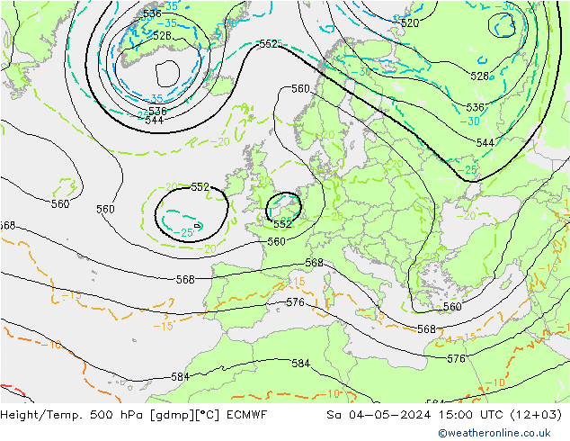Hoogte/Temp. 500 hPa ECMWF za 04.05.2024 15 UTC