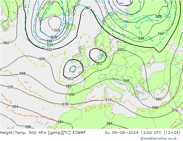 Z500/Rain (+SLP)/Z850 ECMWF Su 05.05.2024 12 UTC